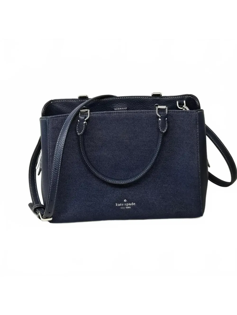 Kate Spade Leila medium triple compartment satchel Denim & Navy Leather EUC